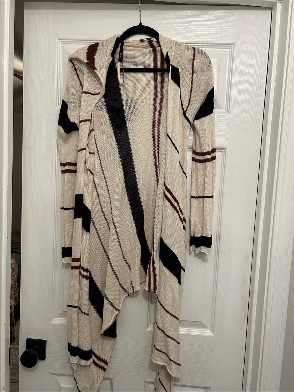 Elan Cream Hooded Open-Front Cardigan with Black and Maroon Stripes